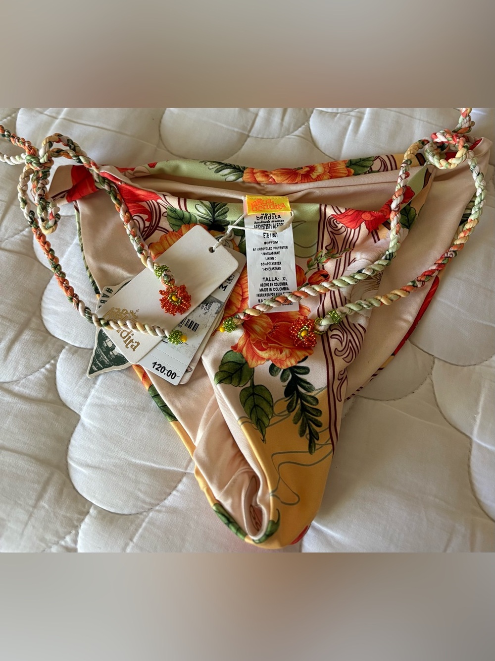 Agua Bendita Floral Rope-Trim Bikini Bottoms in Peach and Orange